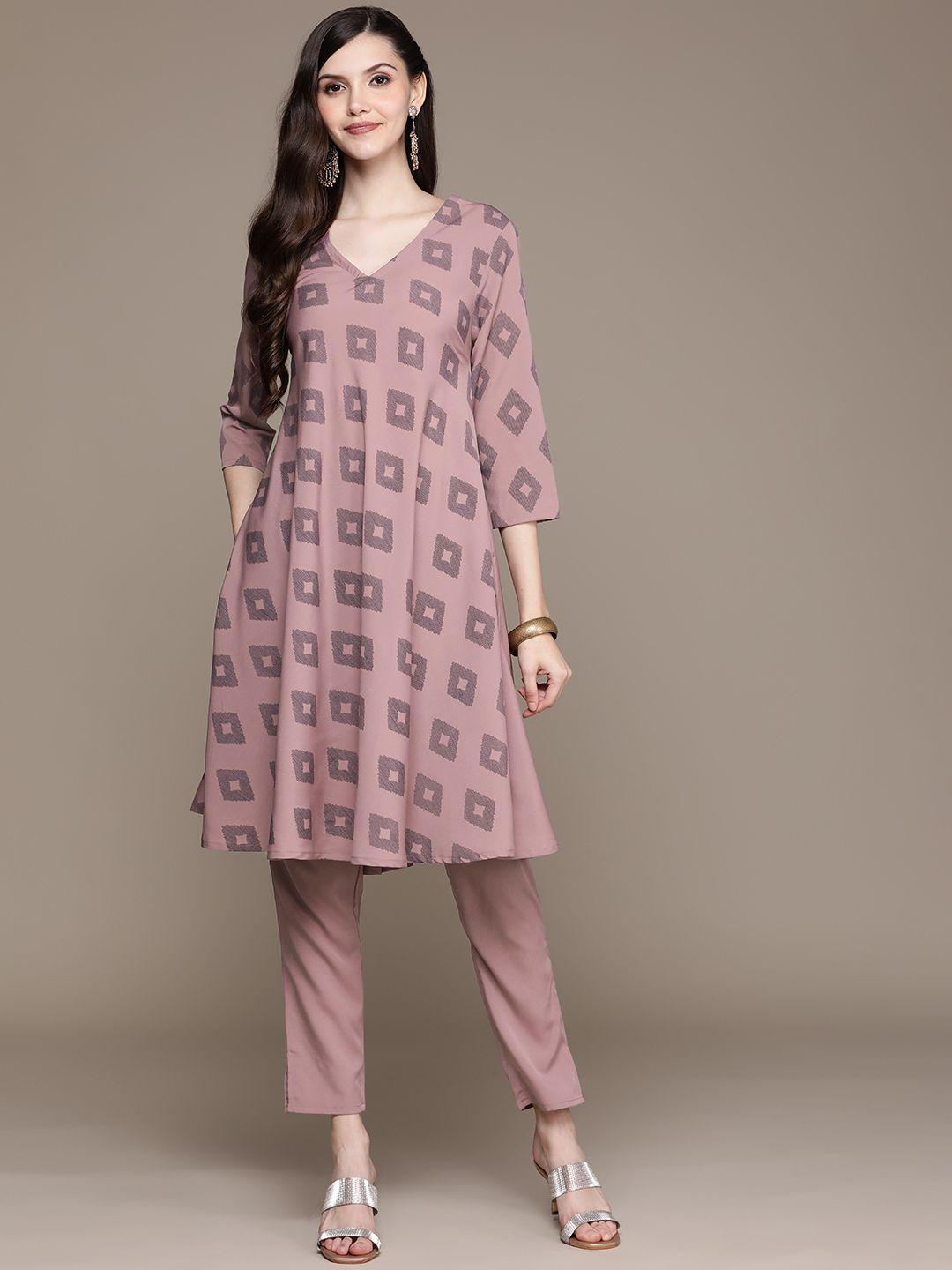 ziyaa women mauve & charcoal grey printed kurta with trousers