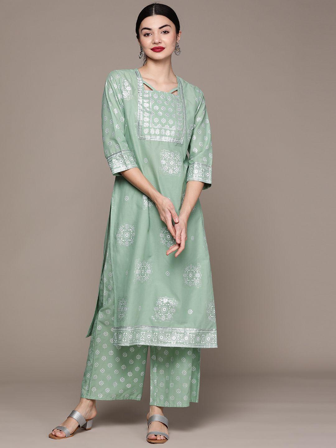ziyaa women mint green ethnic motifs printed kurta with palazzos