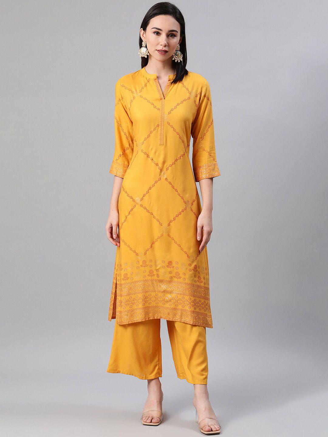 ziyaa women mustard yellow & red ethnic motifs foil printed kurta