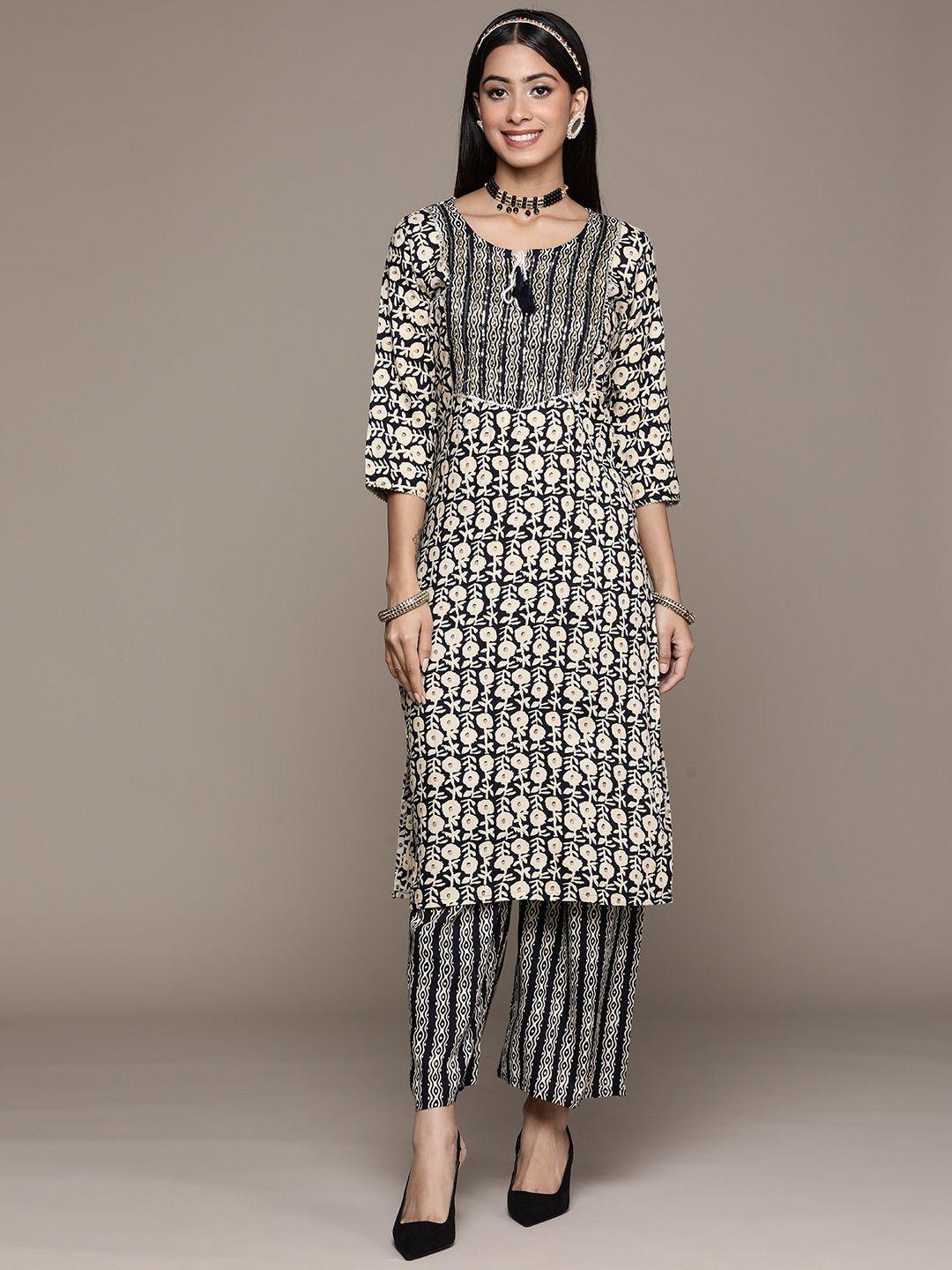 ziyaa women navy blue & cream-coloured ethnic motifs printed kurta with palazzos