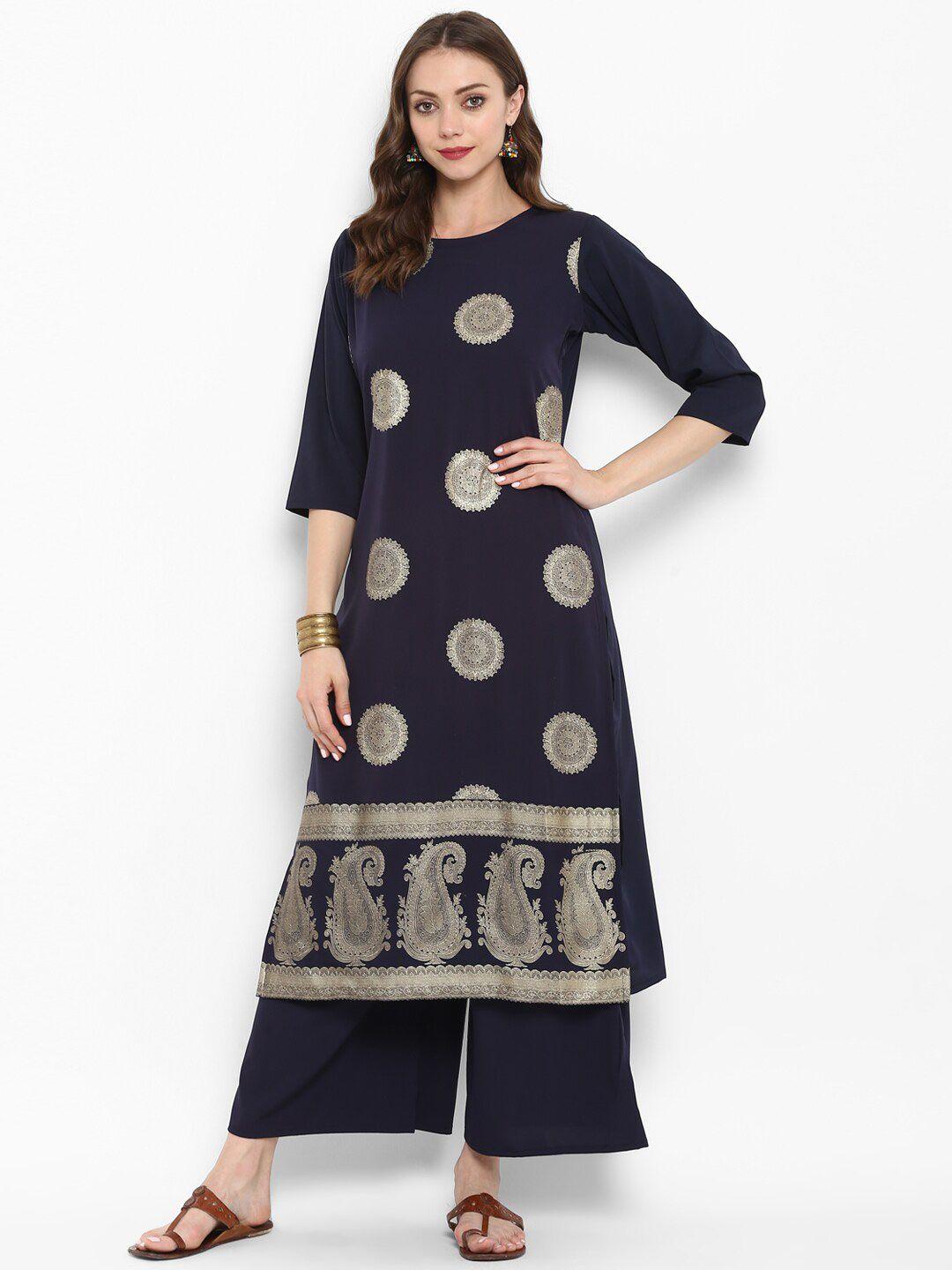 ziyaa women navy blue & gold printed straight kurta