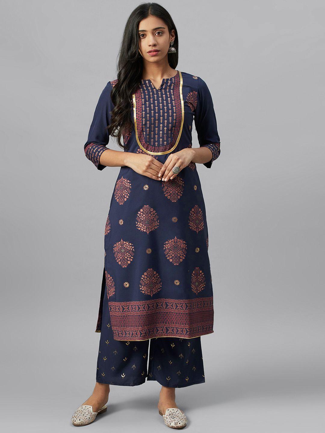 ziyaa women navy blue & pink foil printed kurta with palazzos