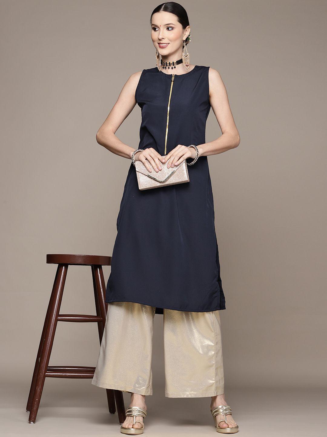 ziyaa women navy blue crepe kurta