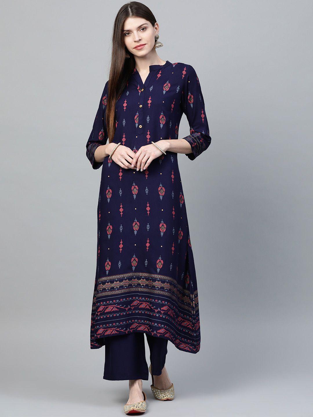 ziyaa women navy blue ethnic motifs printed viscose rayon kurta