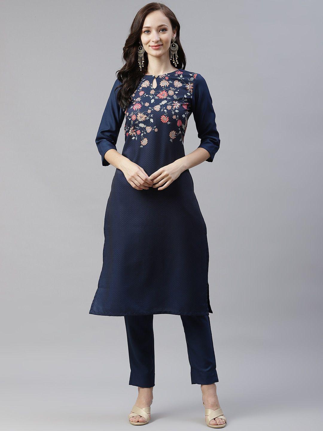 ziyaa women navy blue floral yoke design straight kurta