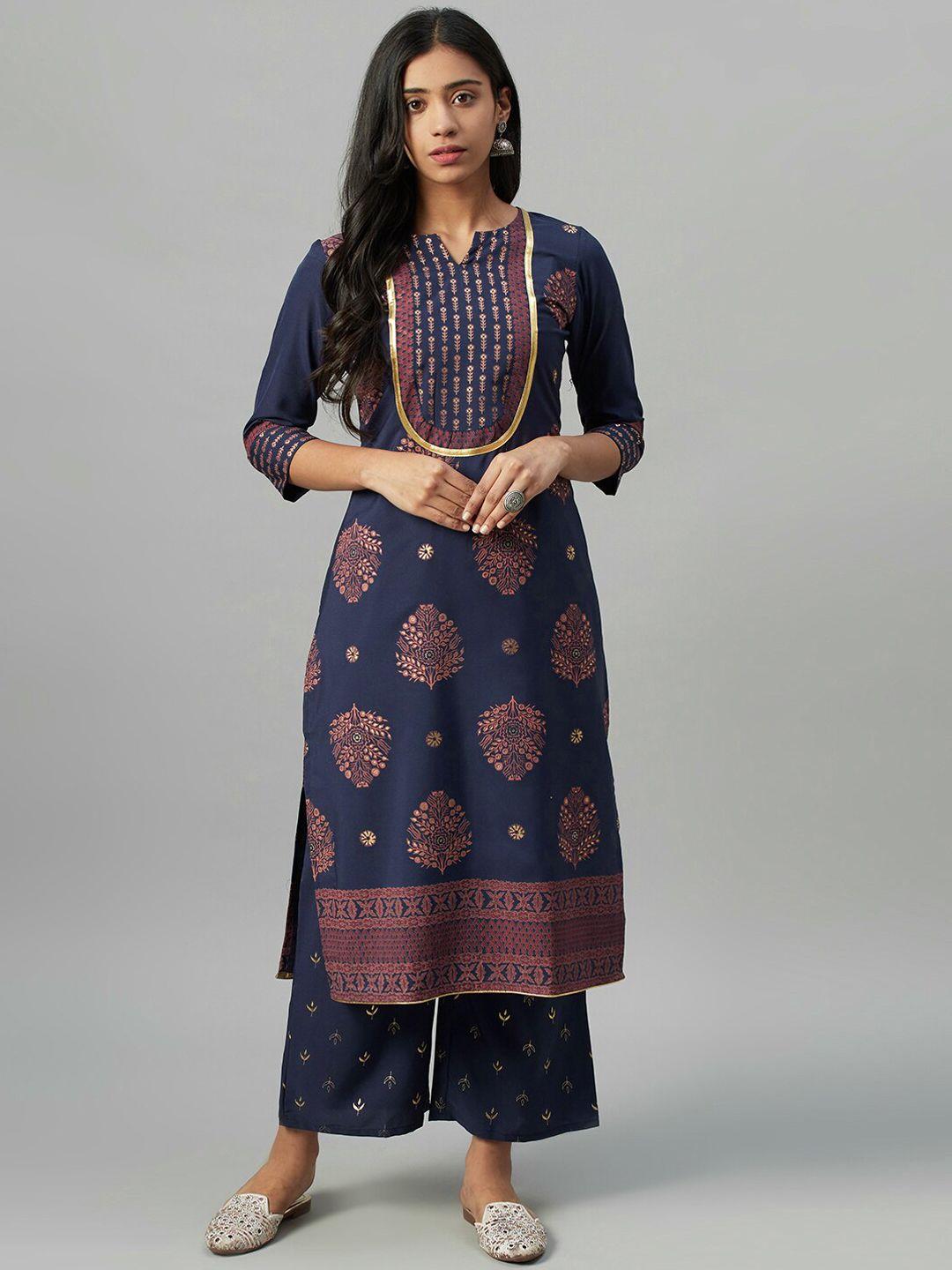 ziyaa women navy blue foil printed straight kurta