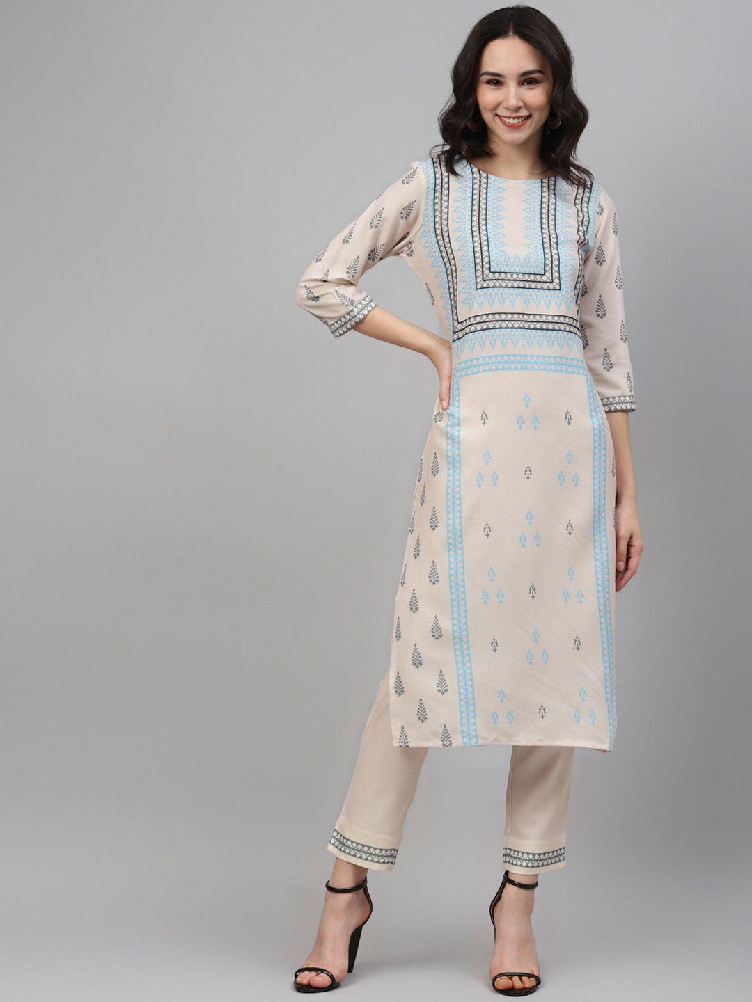 ziyaa women off white & blue geometric printed kurta