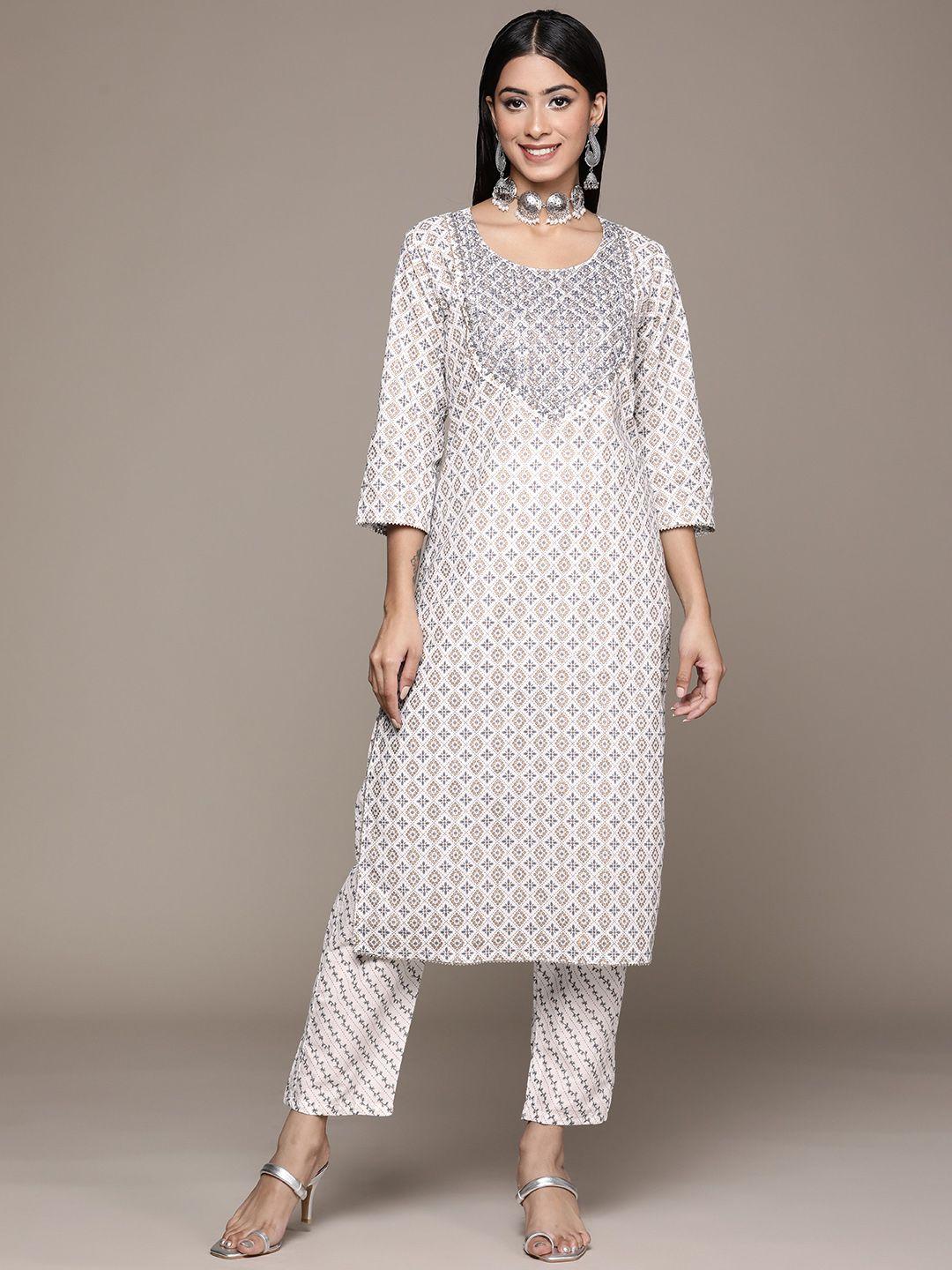 ziyaa women off white & grey ethnic motifs printed pure cotton kurta with trousers