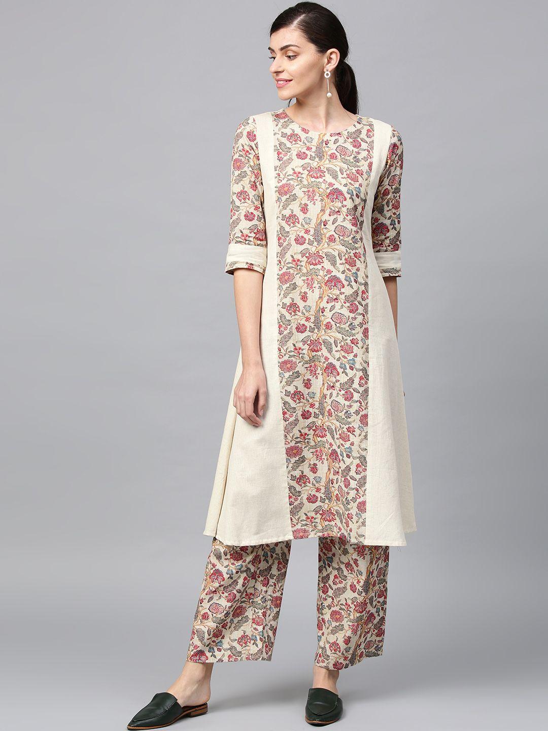 ziyaa women off-white & pink printed kurta with palazzos