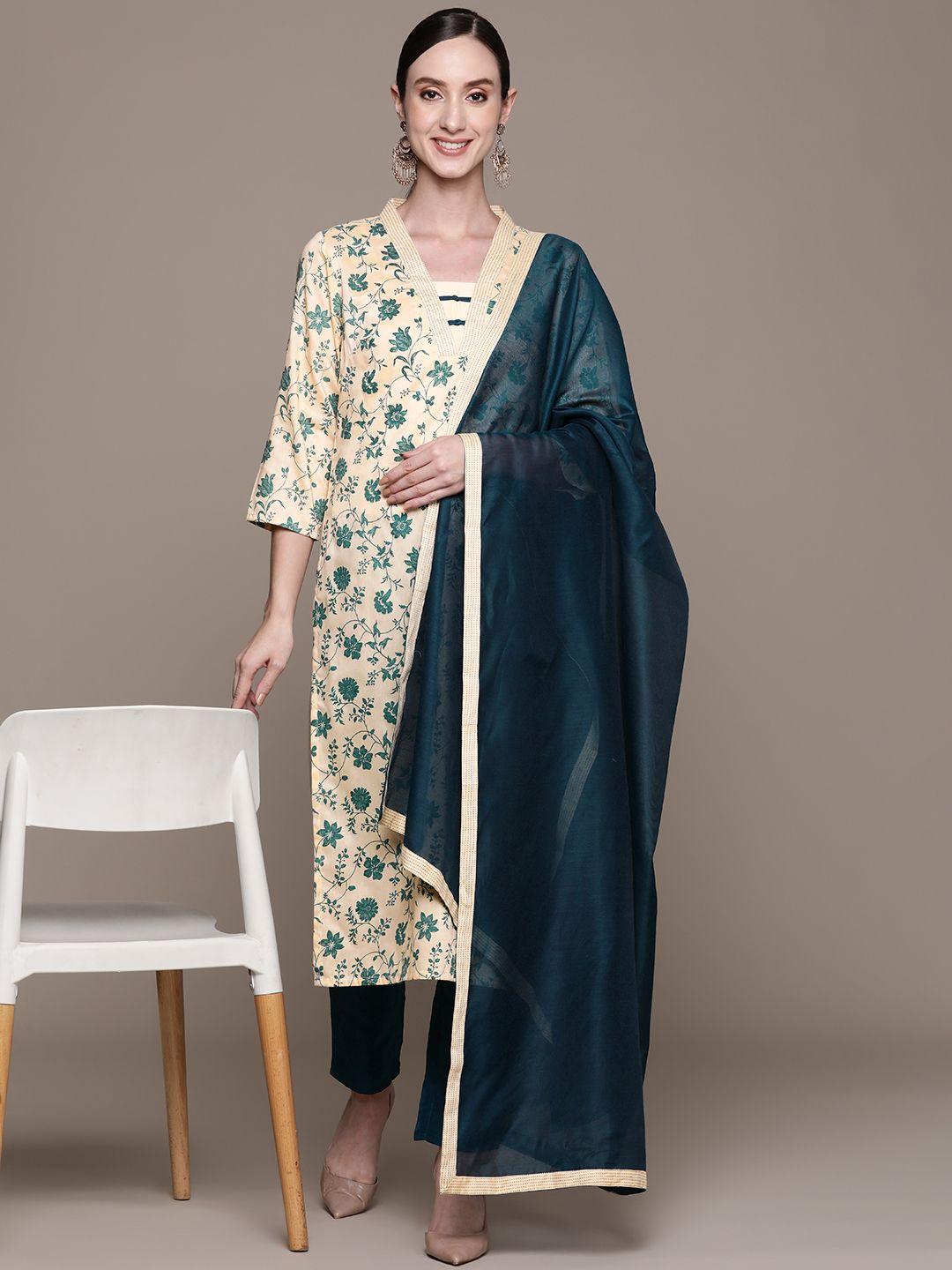 ziyaa women off white floral printed kurta with trousers & with dupatta