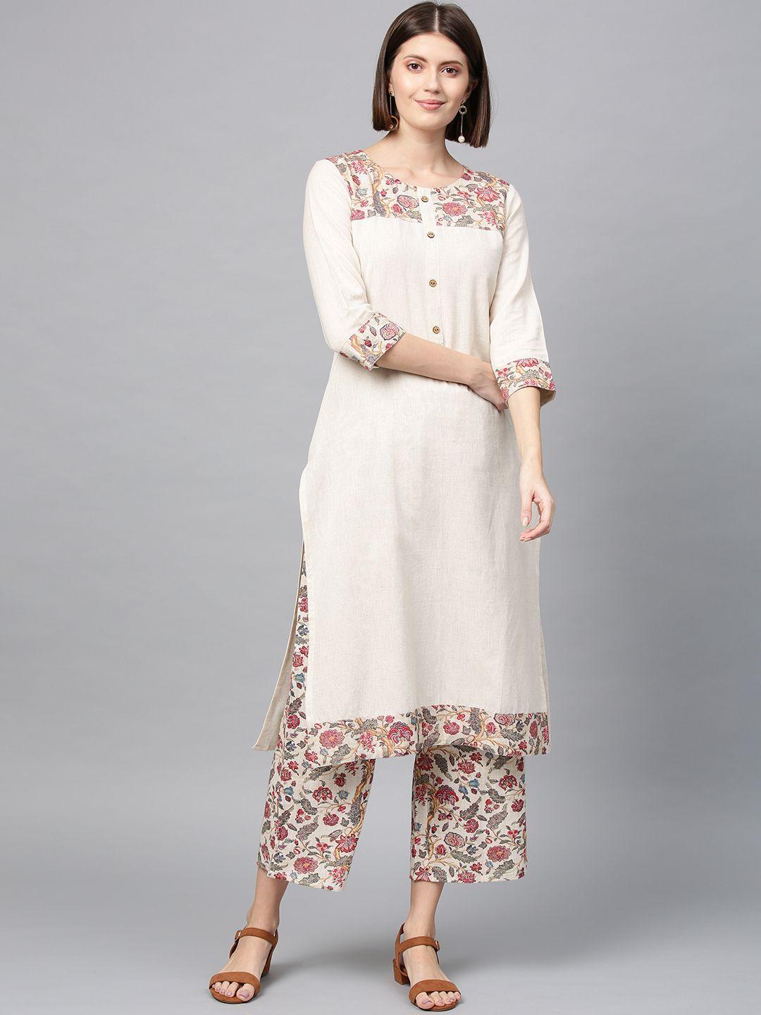 ziyaa women off-white solid cotton silk straight kurta