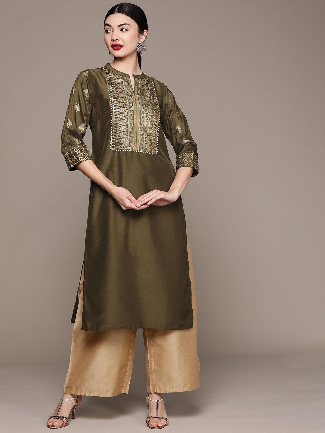 ziyaa women olive green & gold-toned ethnic motifs printed kurta