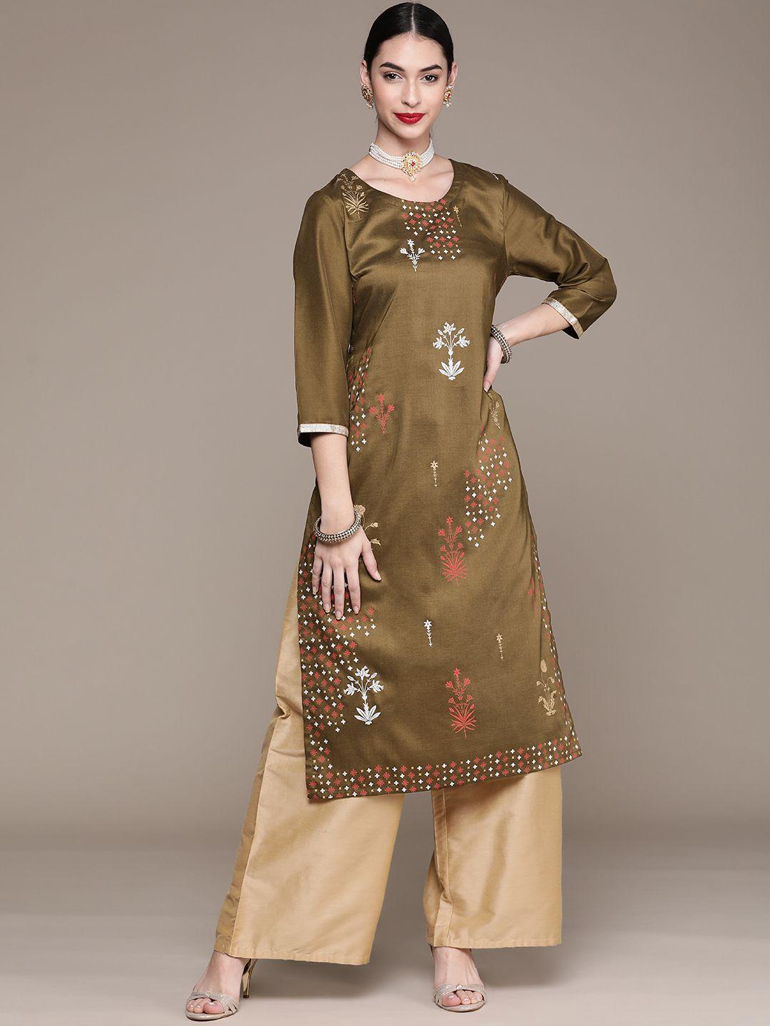 ziyaa women olive green floral printed floral kurta