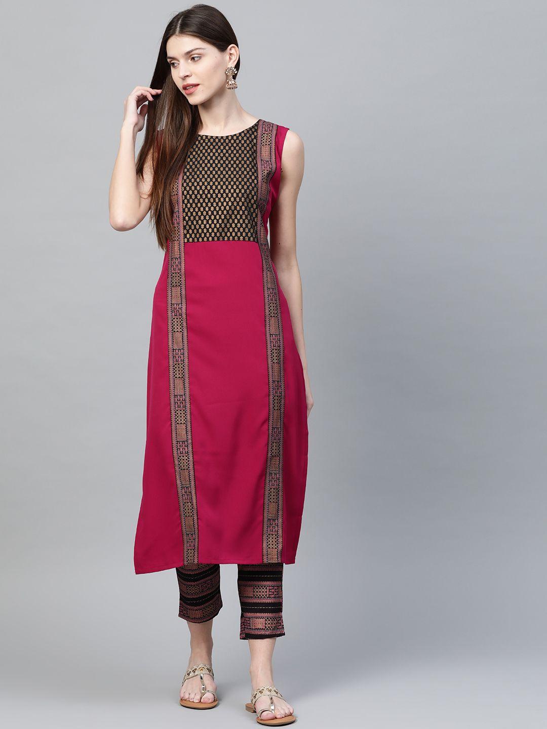 ziyaa women pink & black foil printed kurta with trousers