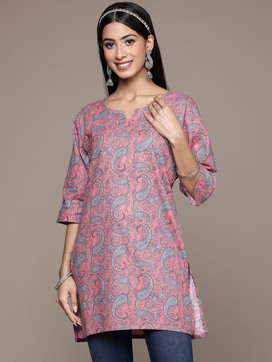 ziyaa women pink & blue screen print cotton straight kurta