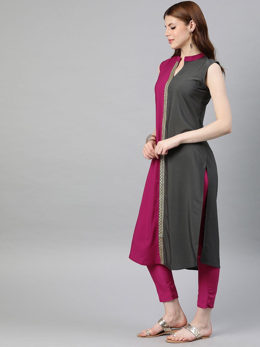ziyaa women pink & grey colourblocked kurta with trousers