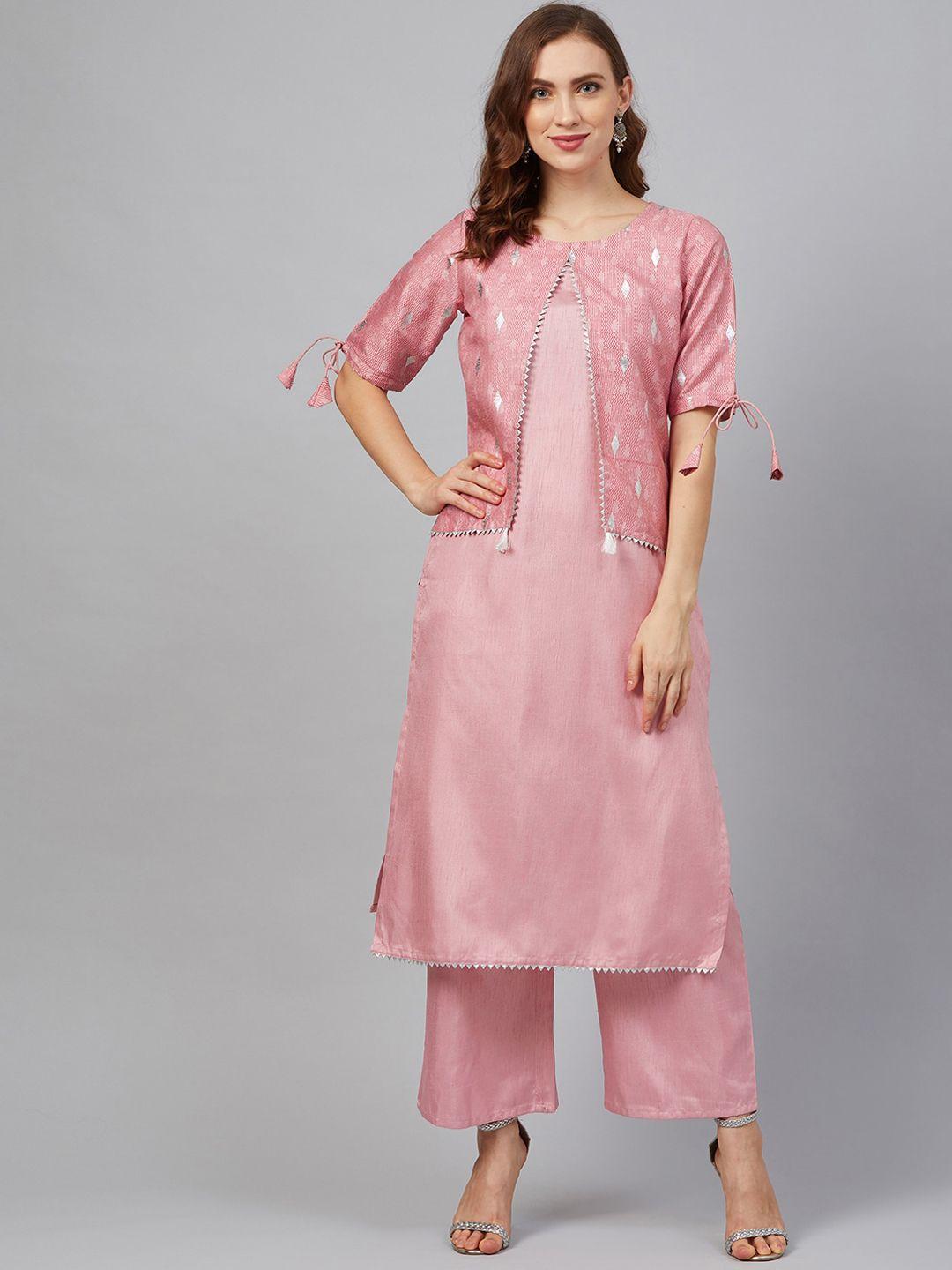 ziyaa women pink & silver-toned ethnic motifs printed gotta patti kurta