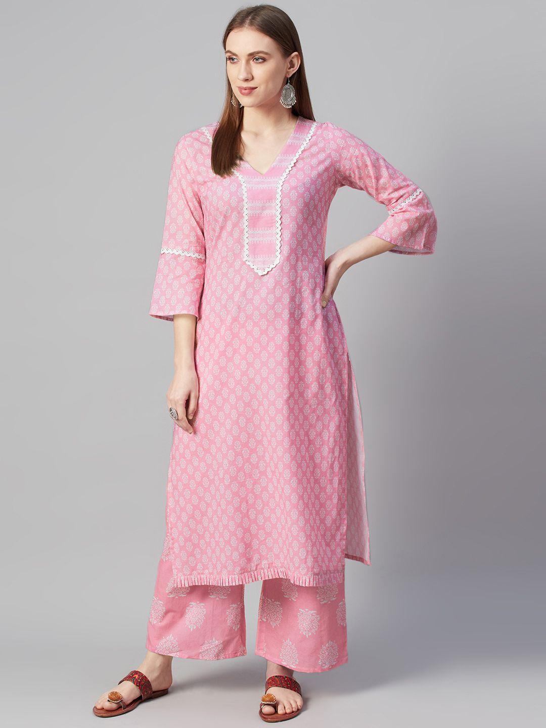 ziyaa women pink & white floral screen printed pure cotton kurta set