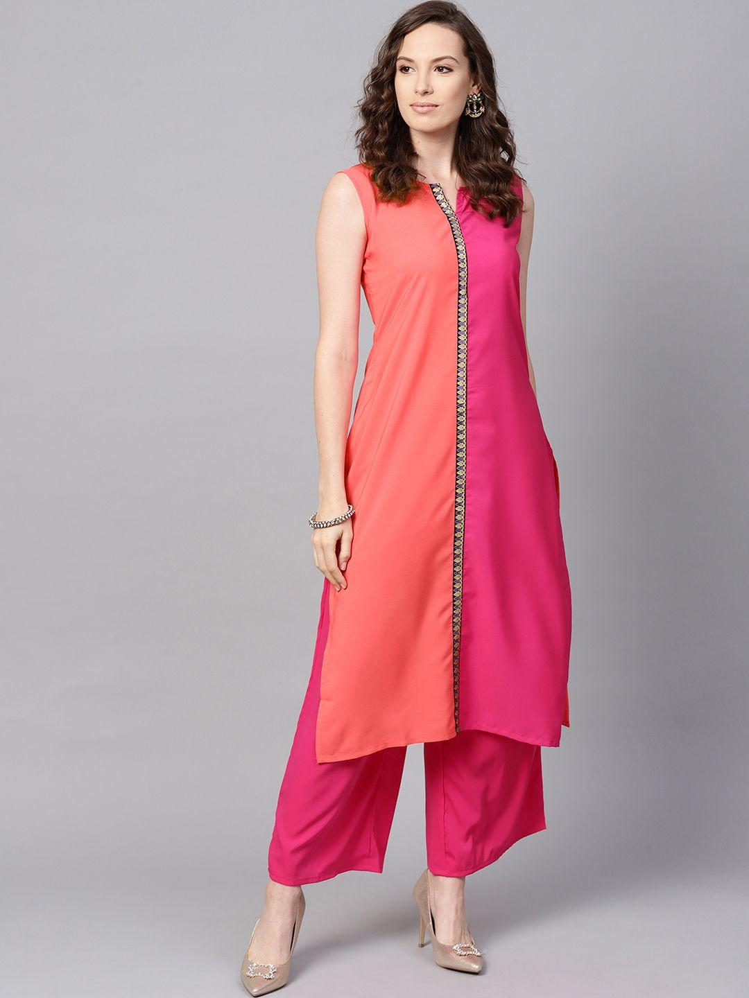 ziyaa women pink colourblocked kurta with palazzos