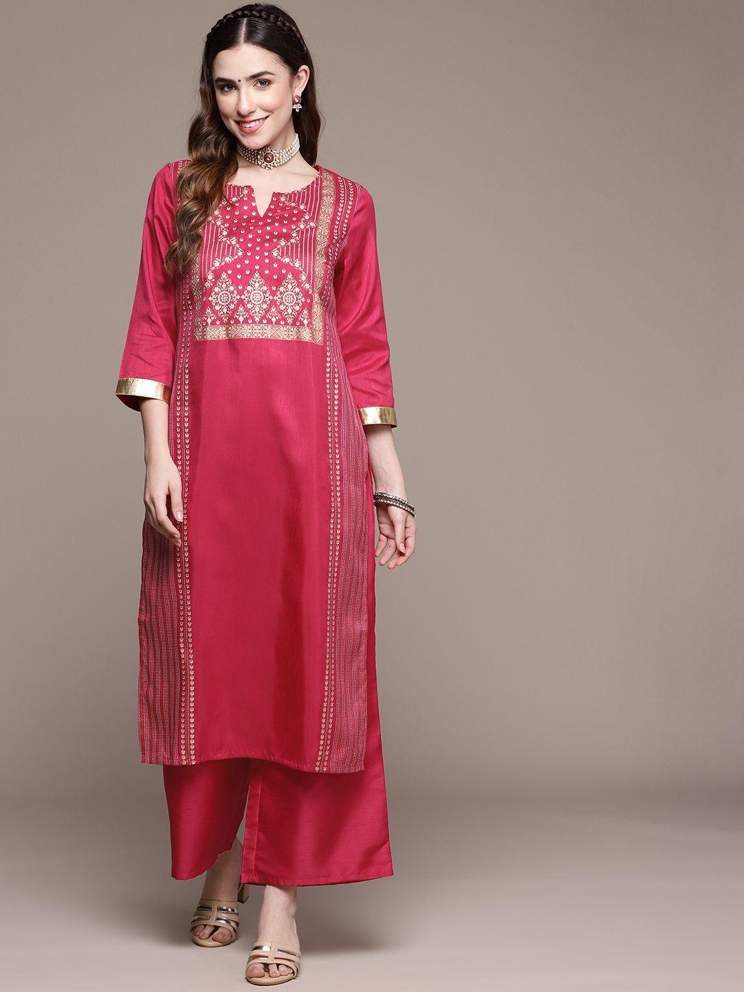 ziyaa women pink ethnic motifs printed kurta with palazzos