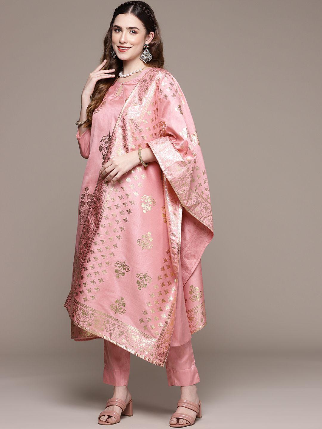 ziyaa women pink floral printed kurta with trousers & dupatta