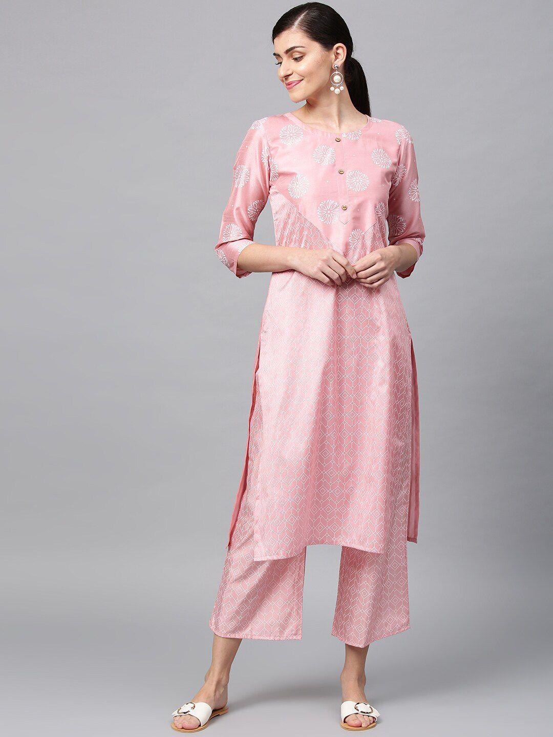 ziyaa women pink printed kurta with trousers