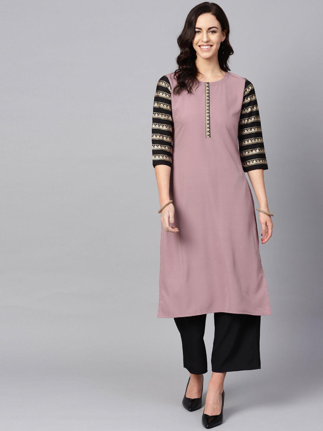 ziyaa women purple & black solid straight kurta