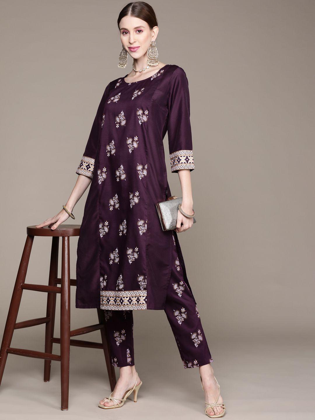 ziyaa women purple & off-white ethnic motifs printed kurta with trousers