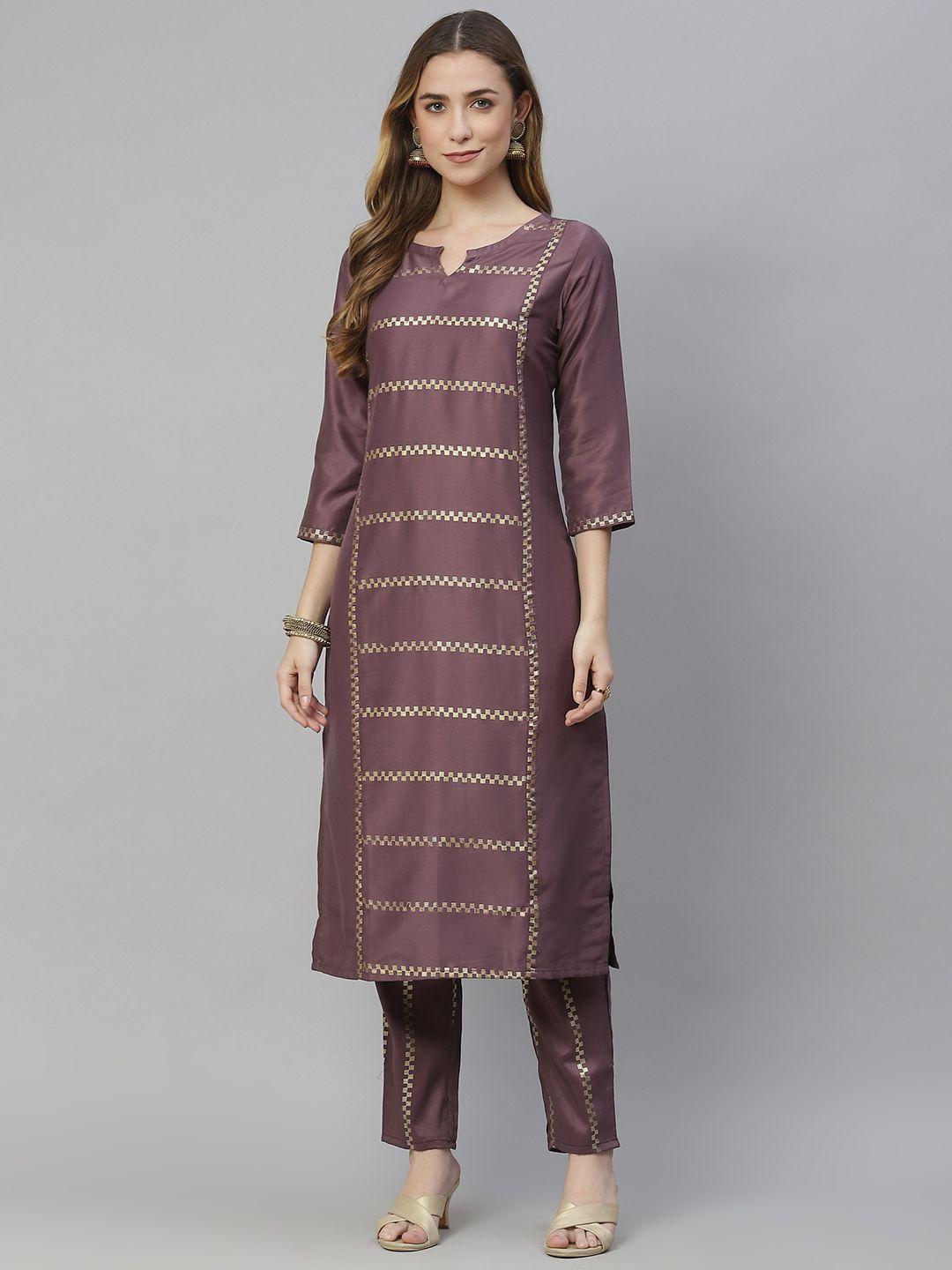 ziyaa women purple printed regular kurta with trousers