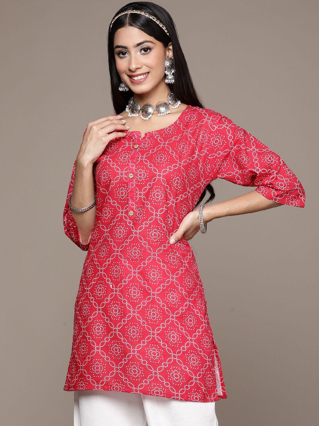 ziyaa women red & white bandhani printed pure cotton kurti