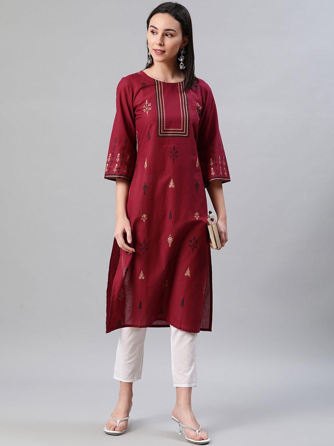 ziyaa women red & white printed kurta with trousers