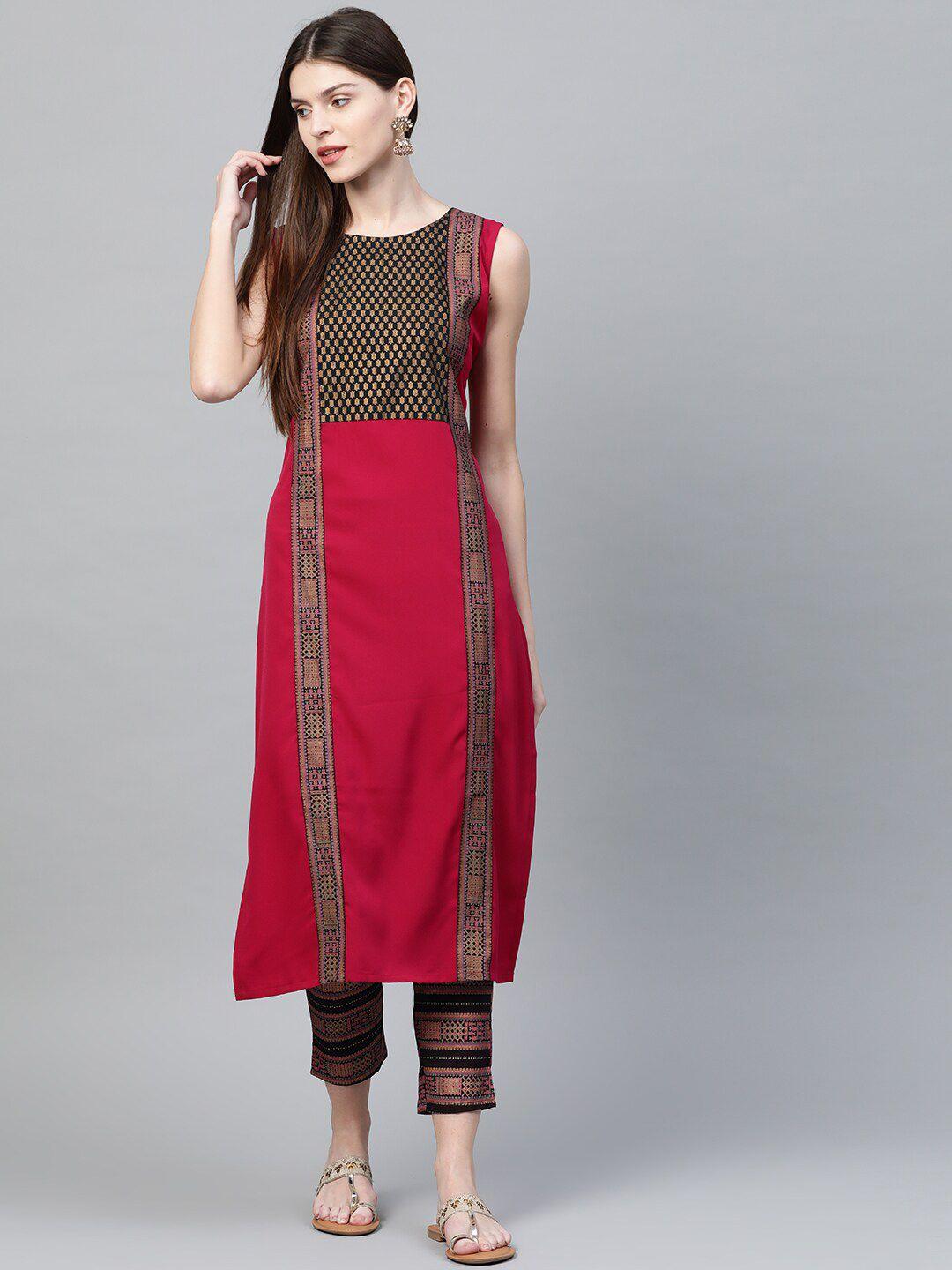 ziyaa women red ethnic motifs printed kurta with trousers