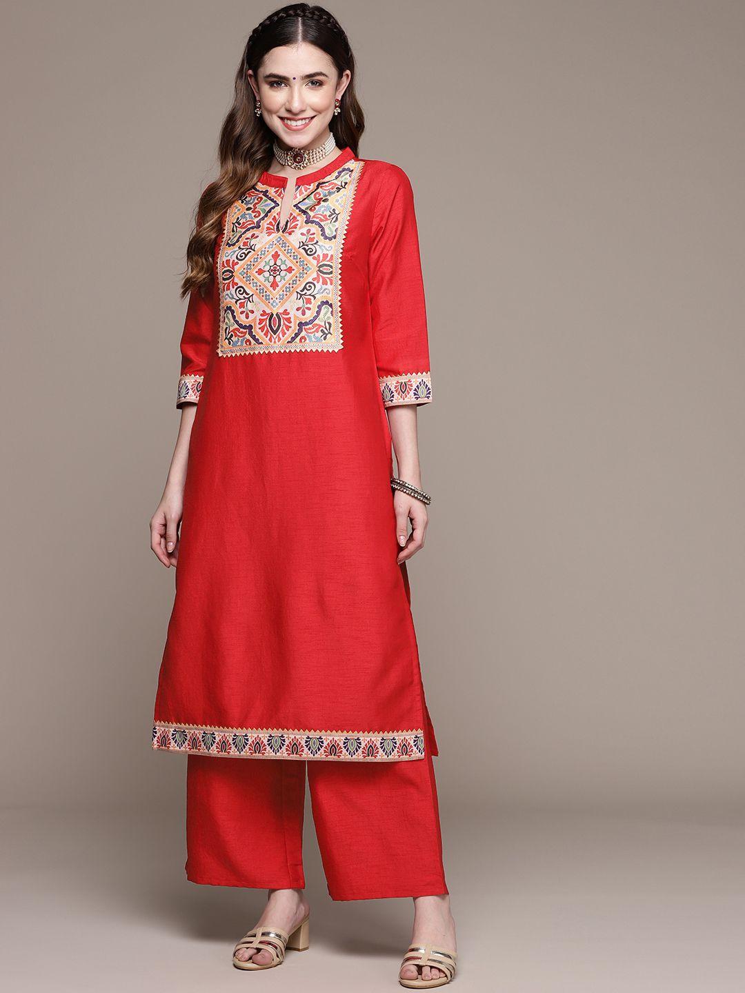 ziyaa women red floral yoke design kurta with palazzos