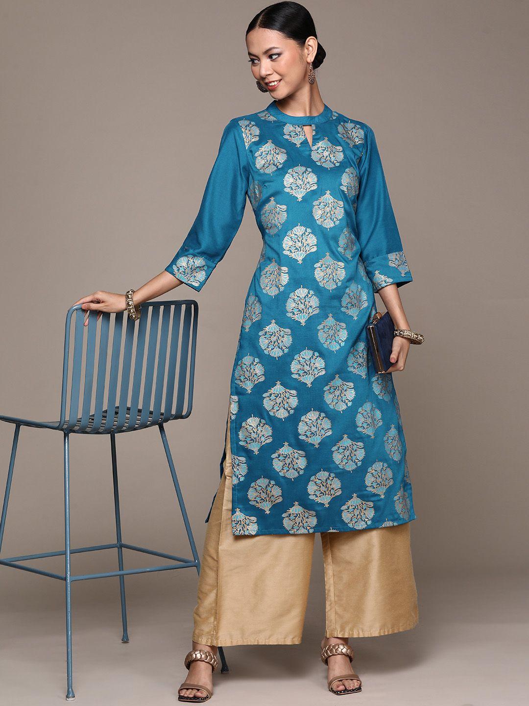 ziyaa women teal & gold-toned floral printed keyhole neck kurta