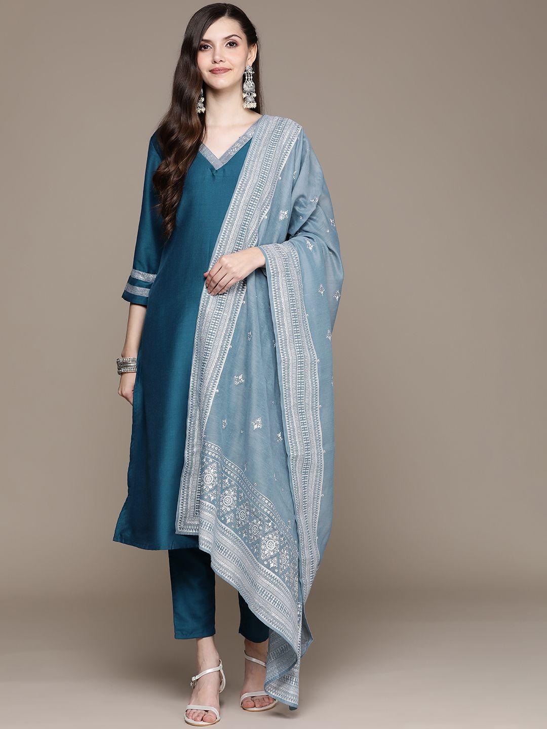 ziyaa women teal blue solid kurta with trousers & with dupatta