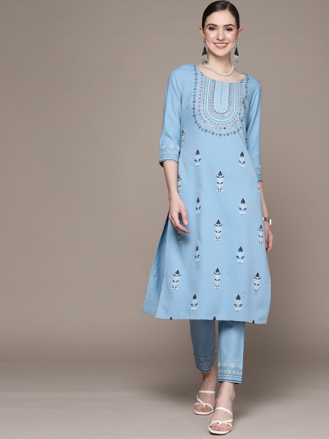 ziyaa women turquoise blue floral printed beads and stones kurta with trousers