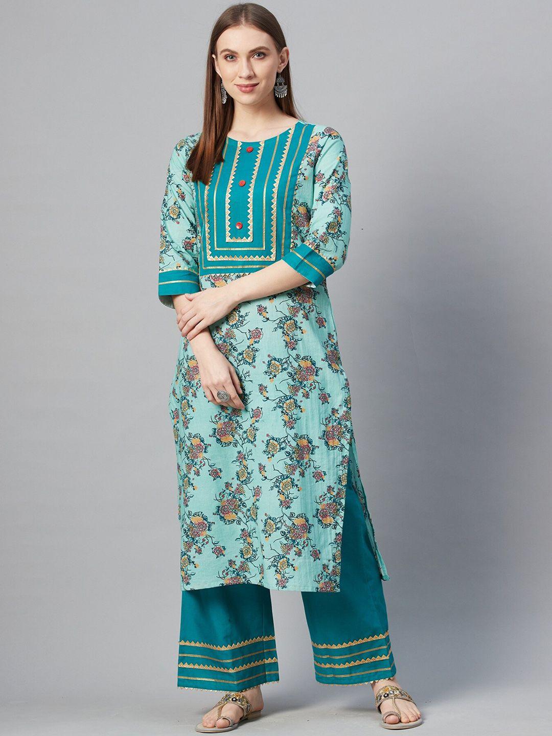 ziyaa women turquoise blue floral printed pure cotton kurta with palazzos