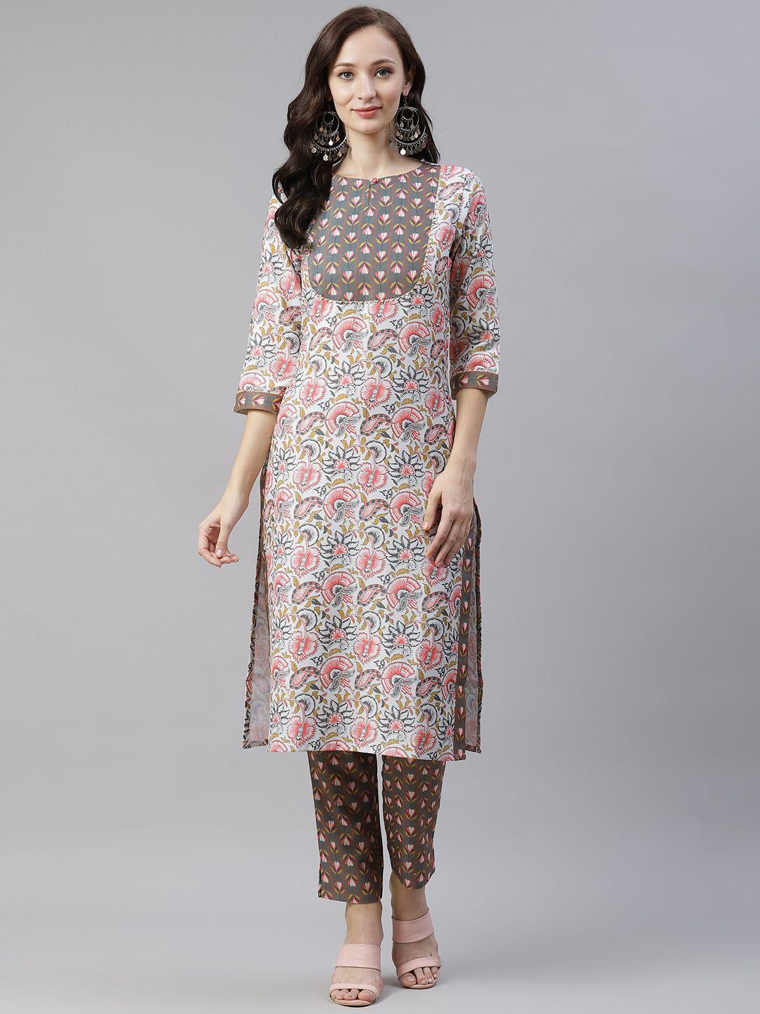 ziyaa women white & grey ethnic motifs printed kurta with trousers