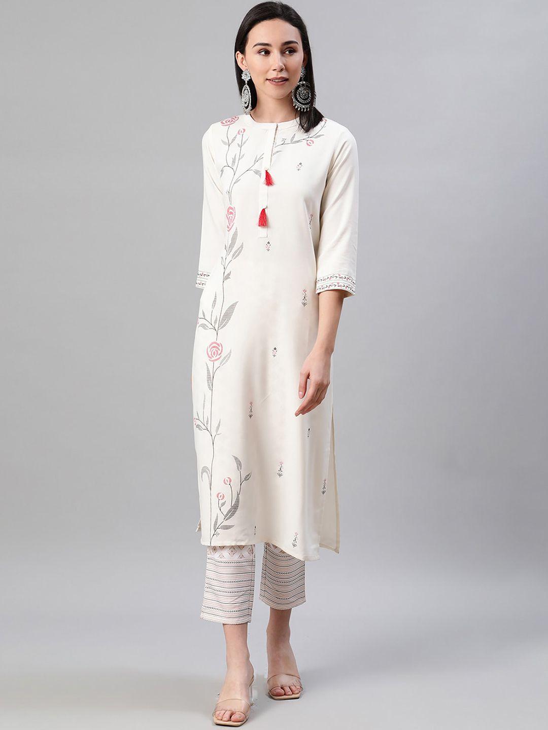 ziyaa women white & red floral printed kurta