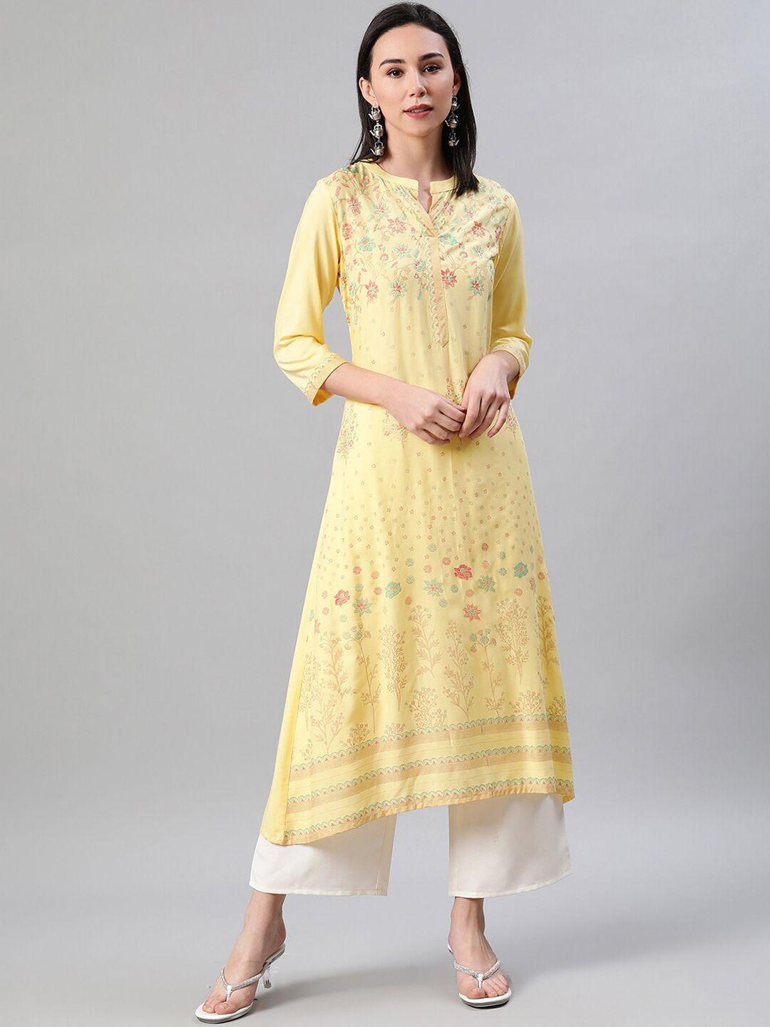 ziyaa women yellow & red floral foil print a-line kurta