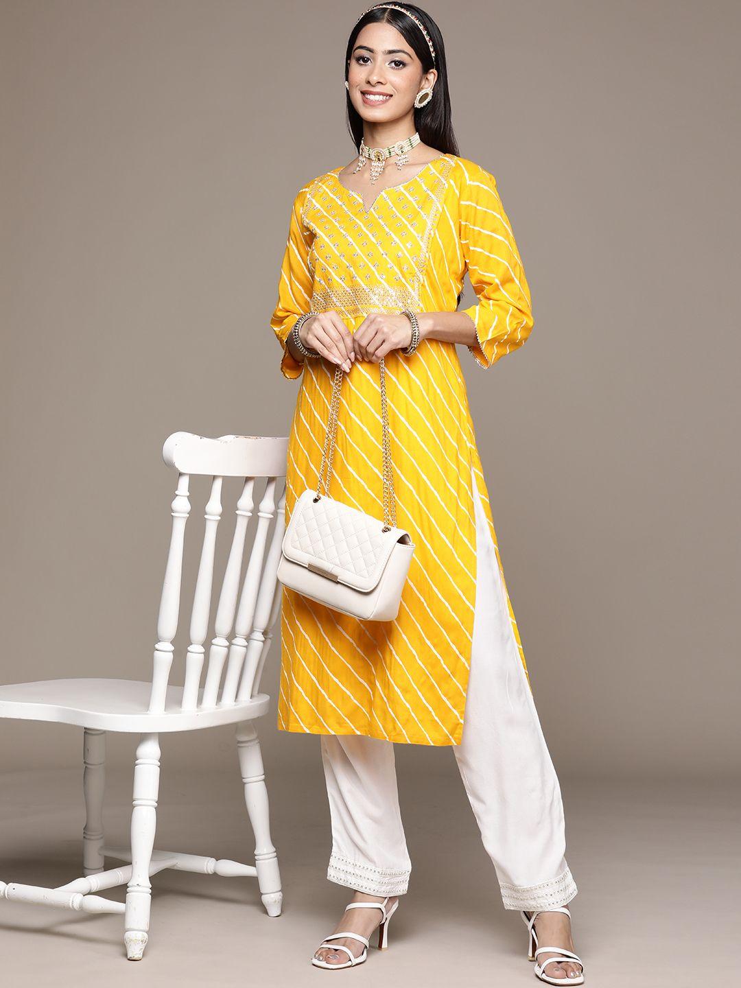 ziyaa women yellow & white leheriya printed sequinned kurta with trousers