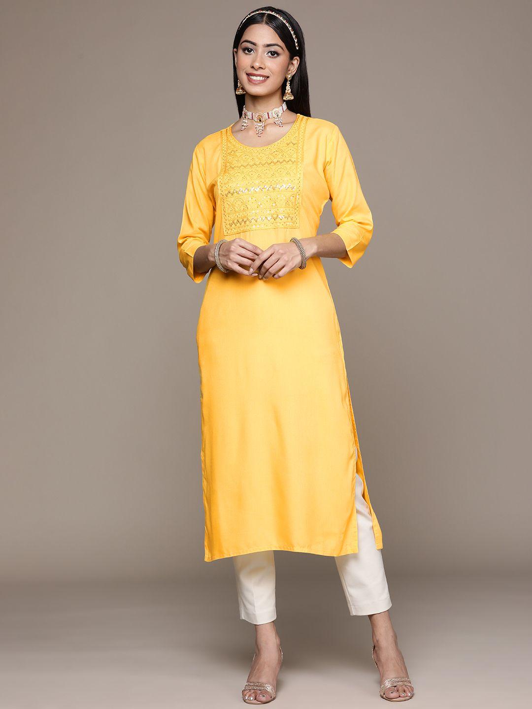 ziyaa women yellow embroidered kurta