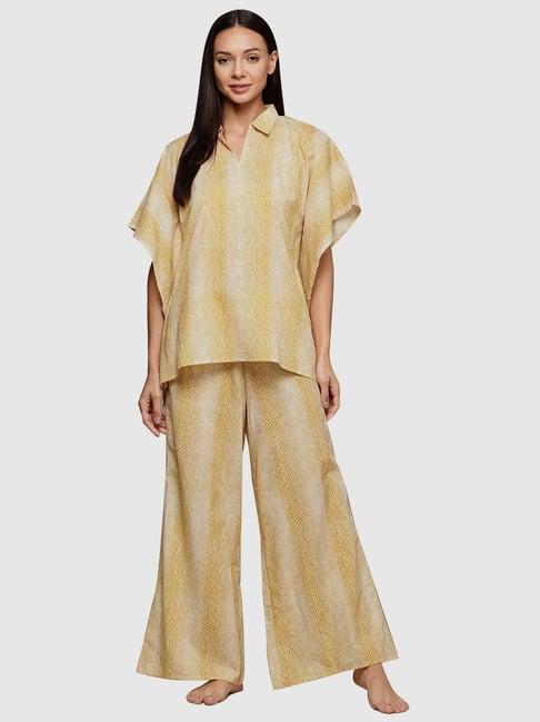 ziyaa yellow cotton printed kaftan pyjama set
