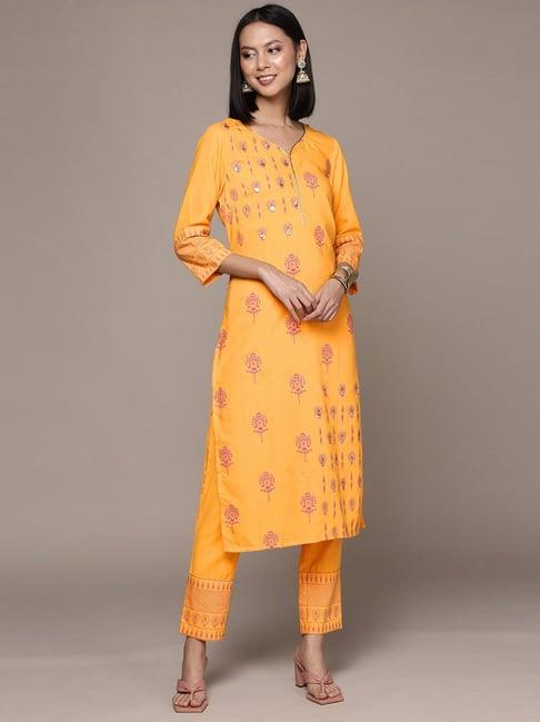 ziyaa yellow embellished kurta pant set