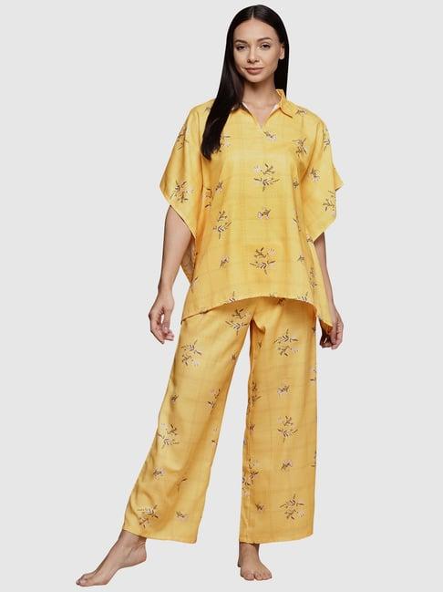 ziyaa yellow floral print kaftan pyjama set
