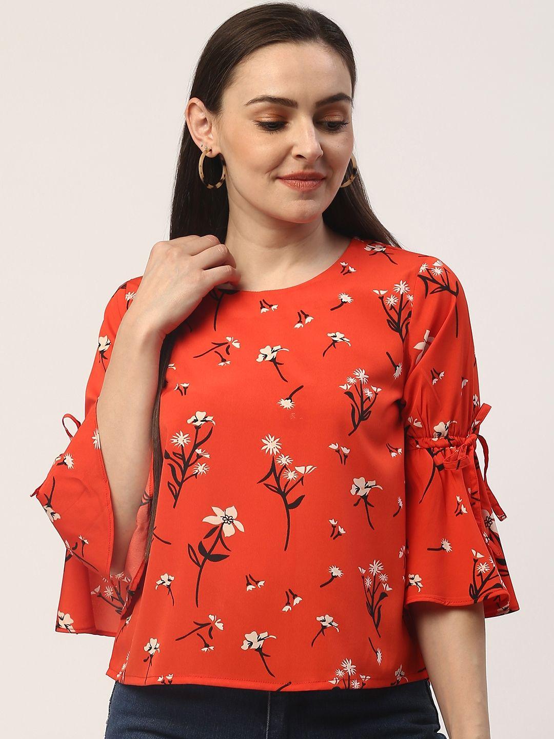 zizo by namrata bajaj women coral red & black floral printed top