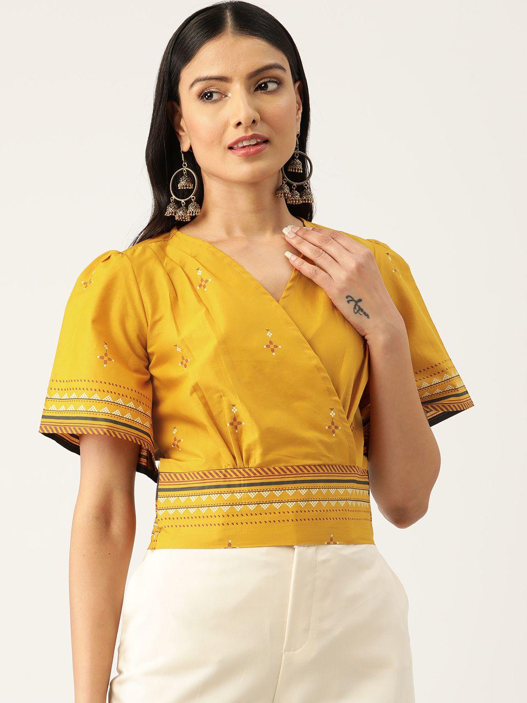 zizo by namrata bajaj ethnic motifs print flared sleeves pure cotton blouson crop top