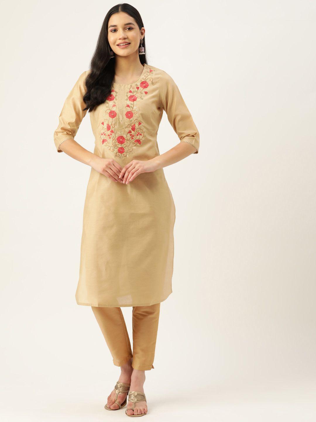 zizo by namrata bajaj women beige floral embroidered kurta