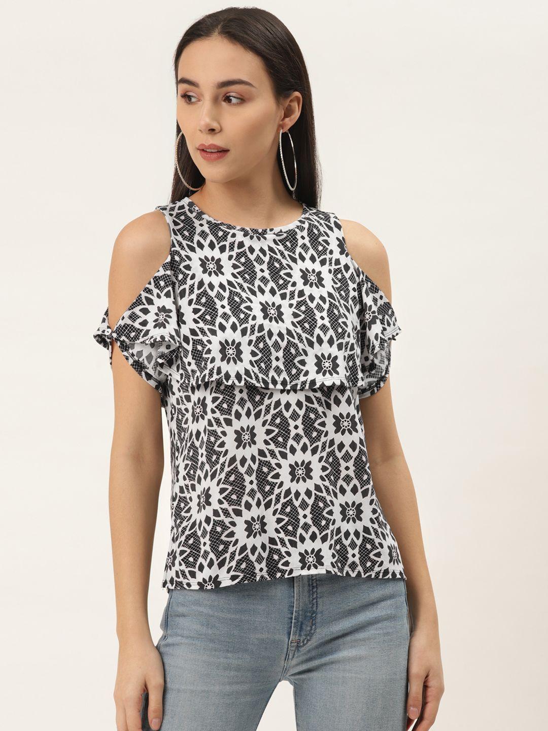 zizo by namrata bajaj women black & white floral printed cold-shoulder stretchable top