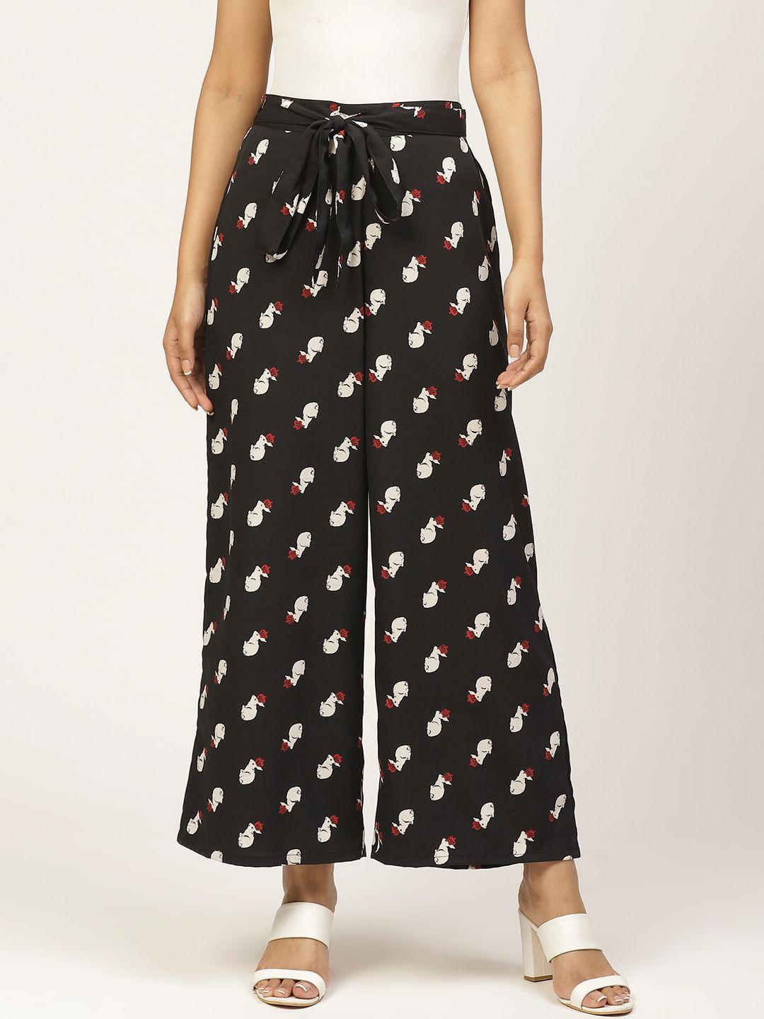 zizo by namrata bajaj women black & white regular fit printed parallel trousers